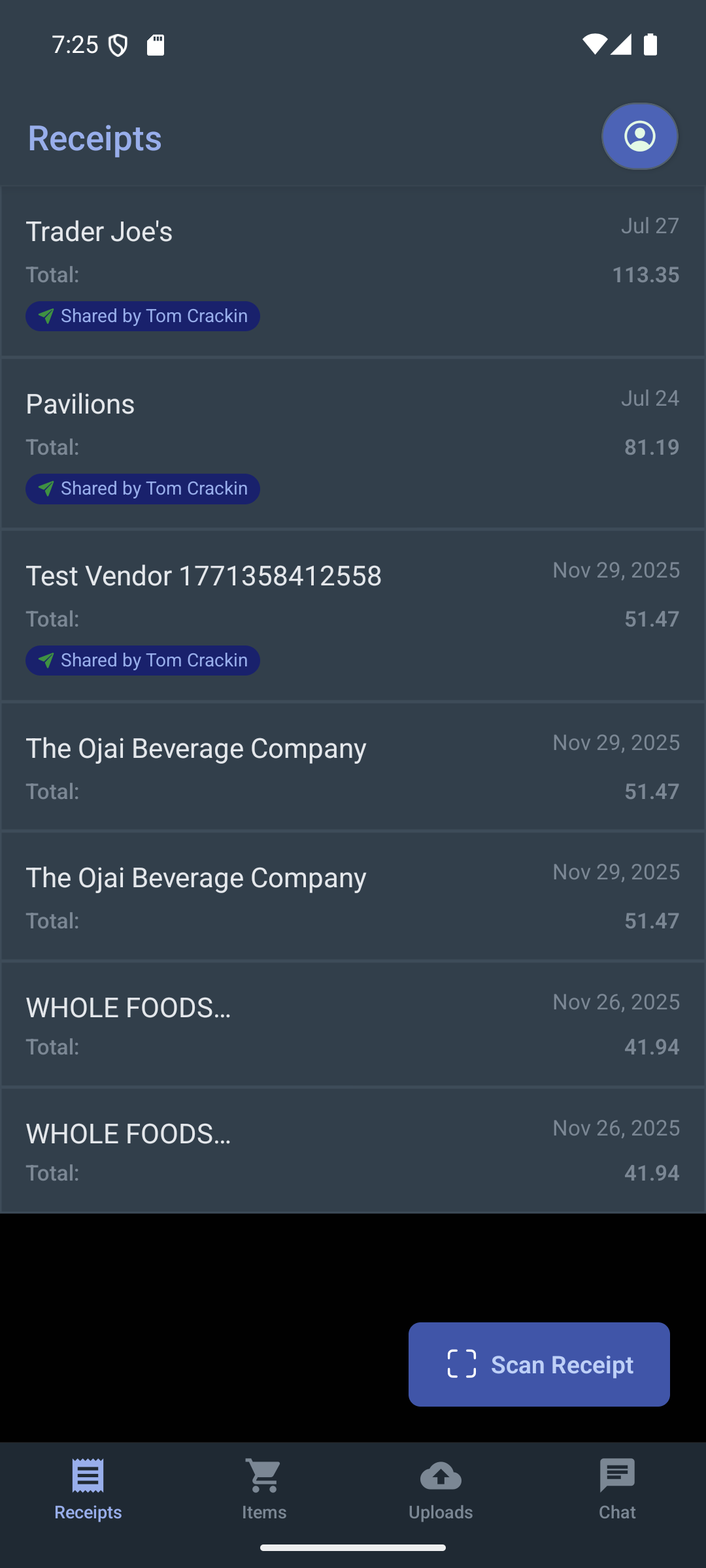 Receipt list