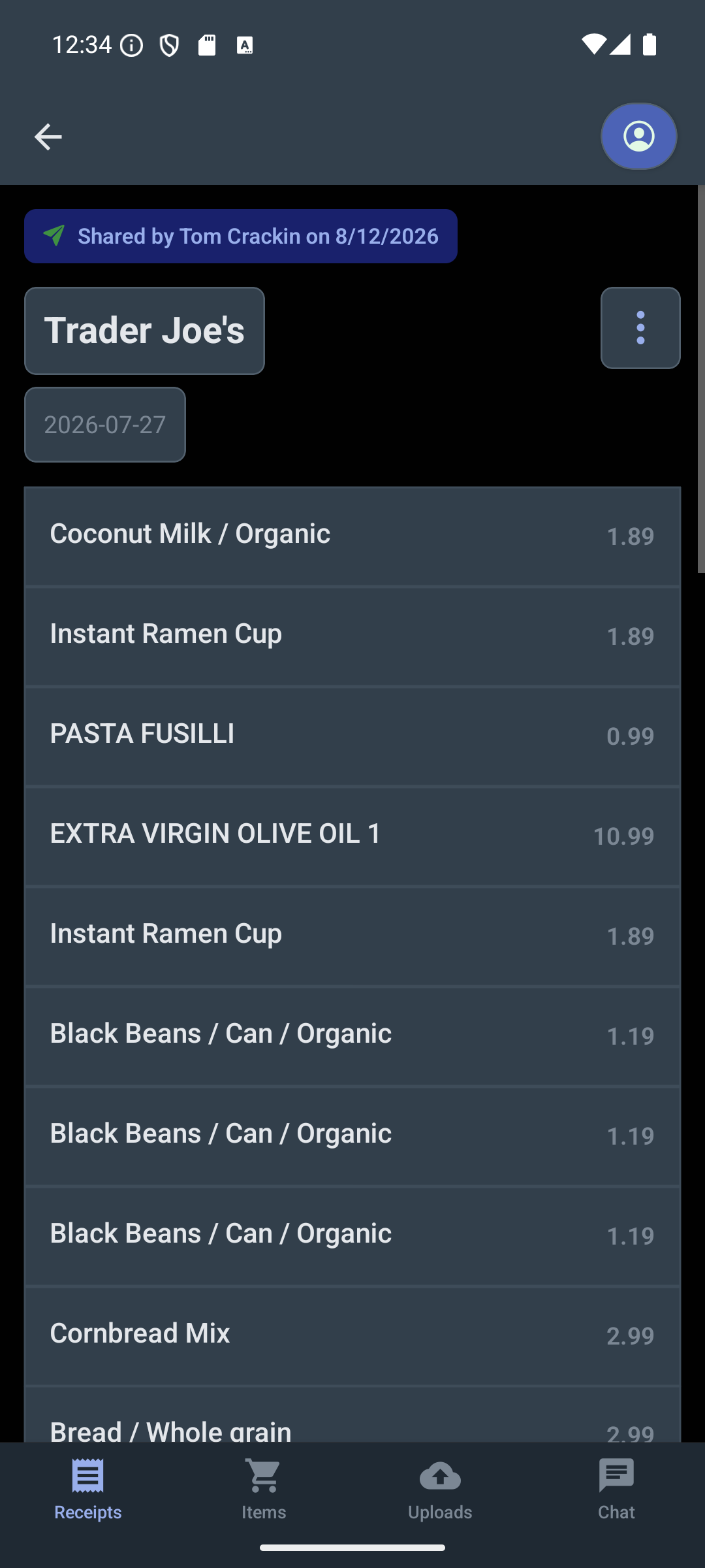 Shared receipt detail