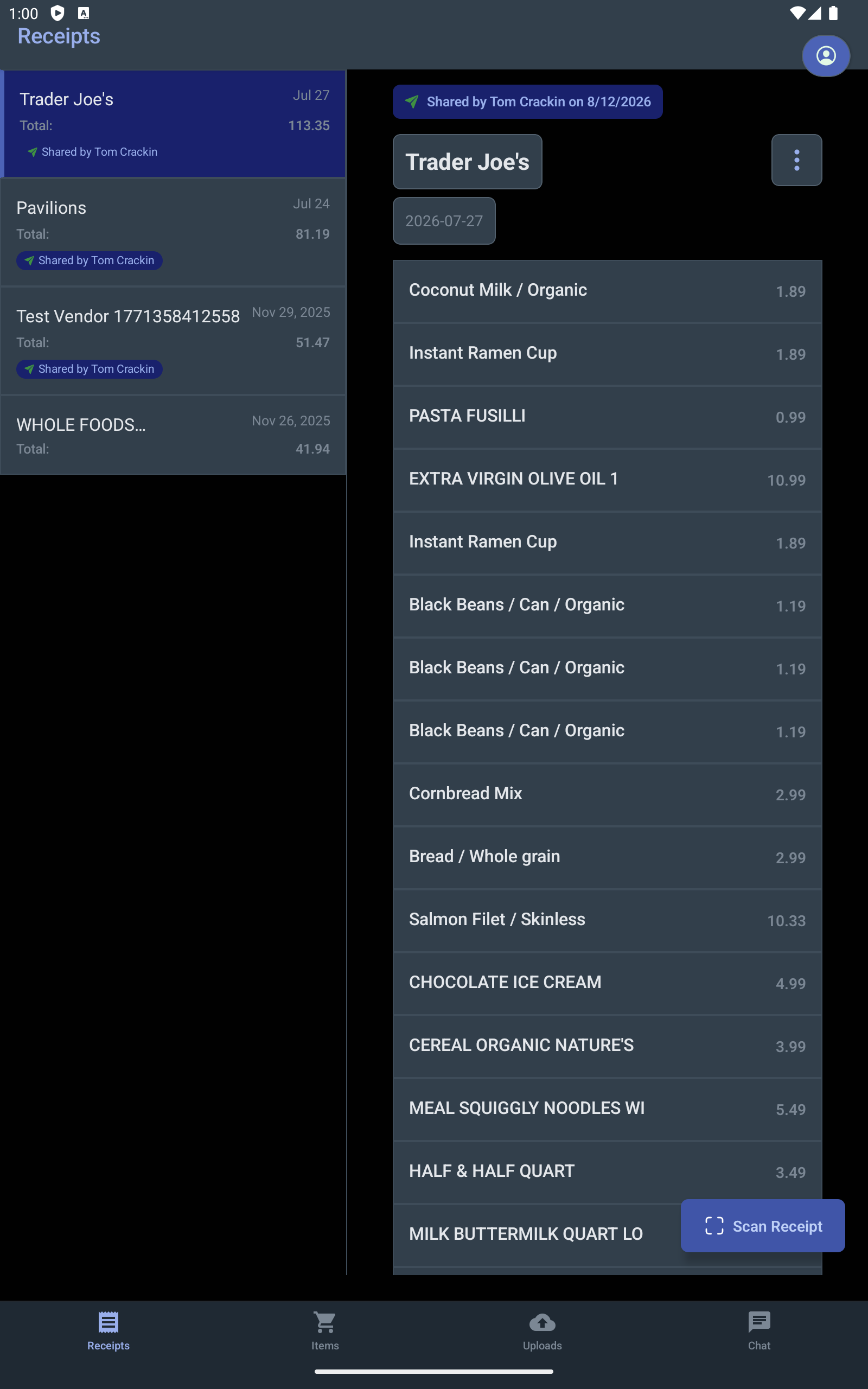 Receipt master-detail on tablet